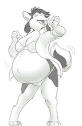  2017 anthro avoid_posting belly big_belly canid canine canis clothed clothing dancing digitigrade domestic_dog female fluffy fluffy_tail fur happy hi_res husky mammal mehndix monochrome navel nikita_(dekopuma) nordic_sled_dog pregnant solo spitz tail 