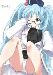  ario blue_hair blush commentary_request female glasses green_eyes hat hiraga_gennai_(sengoku_collection) long_hair long_sleeves looking_at_viewer one_eye_closed panties sengoku_collection sitting sleeves_past_wrists smile solo twintails underwear very_long_hair white_panties 