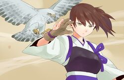  bird brown_hair commentary_request female gloves japanese_clothes kaga_(kancolle) kantai_collection long_hair muneate partially_fingerless_gloves shigemitsu_jun side_ponytail solo tasuki yugake 