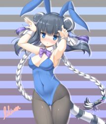  animal_ears black_hair blue_eyes blue_leotard blunt_bangs bow bowtie breasts commentary_request cowboy_shot detached_collar double_bun fake_animal_ears female hair_bun haku_(p&amp;d) highres leotard lilium0235 multicolored_hair pantyhose playboy_bunny purple_bow purple_bowtie puzzle_&amp;_dragons rabbit_ears rabbit_pose solo strapless strapless_leotard striped striped_background tail tiger_ears tiger_tail two-tone_hair white_hair wrist_cuffs 