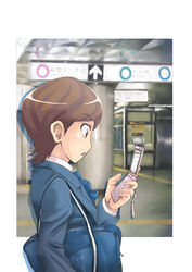  bad_id bad_pixiv_id bag blazer brown_eyes brown_hair cellphone female jacket karukozaka_high_school_uniform naoyuki phone school_bag school_uniform shin_megami_tensei shin_megami_tensei:_if... short_hair subway_station surprised uchida_tamaki 