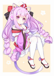  300_heroes ahoge animal_ear_headphones animal_ears bare_shoulders black_footwear black_ribbon blush bow braid cat_ear_headphones cat_ears cat_tail chinese_commentary closed_mouth commentary fake_animal_ears female full_body hair_ornament hair_ribbon hairbow head_tilt headphones long_hair long_sleeves looking_at_viewer off-shoulder_shirt off_shoulder pink_skirt purple_eyes purple_hair red_bow ribbon ribbon-trimmed_legwear ribbon_trim sandals shirt skirt smile solo tail tengxiang_lingnai thighhighs timi_(300_heroes) twin_braids very_long_hair white_shirt white_thighhighs wide_sleeves zouri 