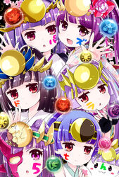  1boy 5girls :3 black_hair blunt_bangs blush_stickers commentary_request headdress highres looking_at_viewer multiple_girls multiple_persona open_mouth pikomarie purple_eyes purple_hair puzzle_&amp;_dragons red_eyes smile tamadra twintails yomi_(p&amp;d) 