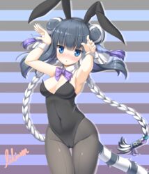  animal_ears black_hair black_leotard blue_eyes blunt_bangs bow bowtie breasts commentary_request cowboy_shot detached_collar double_bun fake_animal_ears female hair_bun haku_(p&amp;d) highres leotard lilium0235 multicolored_hair pantyhose playboy_bunny pose purple_bow purple_bowtie puzzle_&amp;_dragons rabbit_ears solo strapless strapless_leotard striped striped_background tail tiger_ears tiger_tail two-tone_hair white_hair wrist_cuffs 