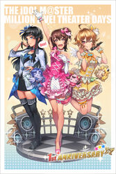  3girls :d ;q absurdres ahoge amami_haruka animalization anniversary arm_garter arm_up artist_name asymmetrical_gloves bare_shoulders bird black_footwear black_hair black_skirt blonde_hair blue_background blue_choker blue_eyes blue_hair blue_ribbon blue_skirt blunt_bangs blush boots border bow bowtie bracelet bridal_garter brown_eyes brown_hair checkered_floor choker closed_mouth commentary_request copyright_name cross-laced_clothes crossed_legs detached_sleeves dress elbow_gloves english_text eyelashes fake_wings fingernails frilled_dress frills frown full_body glint gloves gradient_background hair_between_eyes hair_flaps hair_flip hair_ornament hair_ribbon hairbow half_updo hand_on_own_chest hand_on_own_hip hand_up hands_up head_tilt heart heart_pendant heart_print high_heel_boots high_heels highres holding holding_microphone hoshii_miki ibuki_tsubasa idolmaster idolmaster_(classic) idolmaster_million_live! idolmaster_million_live!_theater_days jacket jewelry jumping kasuga_mirai kisaragi_chihaya layered_dress legs_up lens_flare long_hair looking_at_viewer looking_to_the_side machi_(machi333) microphone mogami_shizuka multiple_girls necklace one_eye_closed one_side_up open_mouth orange_background orange_bow orange_bowtie outstretched_arm overskirt pearl_bracelet pearl_necklace pencil_skirt pendant photoshop_(medium) pink_bow pink_dress pink_eyes pink_footwear plaid plaid_dress print_dress ribbon shoes short_dress short_hair short_sleeves sidelocks single_wing skirt sleeveless sleeveless_dress smile snowflake_hair_ornament sparkle speaker speech_bubble standing star_(symbol) strapless strapless_dress strawberry_pop_moon_(idolmaster) striped_clothes striped_jacket teeth thigh_boots thighhighs tongue tongue_out trait_connection uneven_gloves upper_teeth_only v-shaped_eyebrows white_border white_gloves white_jacket wing_hair_ornament wings wrist_cuffs x_hair_ornament yellow_dress zettai_ryouiki 