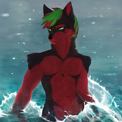  1:1 angiewolf anthro black_body black_fur black_nose canid canine canis digital_media_(artwork) domestic_dog fur green_eyes green_hair hair jewelry male mammal necklace partially_submerged red_body red_fur shaded solo syk_renstrom water 