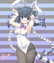  animal_ears black_hair blue_eyes blunt_bangs bow bowtie breasts commentary_request cowboy_shot detached_collar double_bun fake_animal_ears female hair_bun haku_(p&amp;d) highres leotard lilium0235 multicolored_hair pantyhose playboy_bunny purple_bow purple_bowtie puzzle_&amp;_dragons rabbit_ears rabbit_pose solo strapless strapless_leotard striped striped_background tail tiger_ears tiger_tail two-tone_hair white_hair white_leotard wrist_cuffs 