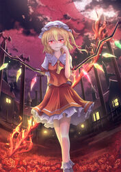  asakurashinji ascot blonde_hair cloud commentary_request female fire flandre_scarlet flower full_moon glowing glowing_eyes hand_on_own_face hat hat_ribbon highres holding laevatein_(touhou) looking_at_viewer moon night night_sky one_side_up outdoors photoshop_(medium) puffy_short_sleeves puffy_sleeves red_eyes ribbon rose short_sleeves skirt skirt_set sky socks solo touhou wings 