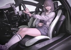  brown_eyes brown_hair car car_interior cigarette commentary_request female gun hairband handgun koh_(minagi_kou) laser_sight motor_vehicle mouth_hold original pagani pagani_huayra revision short_hair shorts sitting socks solo sports_car v-neck walther walther_p99 watch weapon white_socks wristwatch 