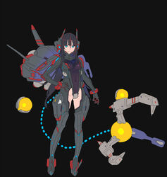  bit_(r-type) black_background black_hair blue_eyes bodysuit clothing_cutout commentary_request covered_navel enkyo_yuuichirou female flat_color force_(r-type) hand_on_own_hip headgear highres looking_at_viewer mecha_musume personification r-13a_cerberus r-type skin_tight smile thigh_cutout wrist_cuffs 