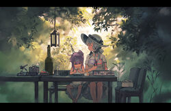  2girls airbrush alternate_costume azur_lane bare_arms bare_shoulders basket bench blush bottle box breasts chair clippers closed_mouth commentary_request contemporary cup day dress drinking_glass hair_between_eyes hair_bun hair_ornament hat illustrious_(azur_lane) lantern large_breasts leaf letterboxed long_hair looking_at_another looking_down looking_to_the_side model_kit multiple_girls nature outdoors photoshop_(medium) pliers profile purple_eyes purple_hair revision rias-coast shirt signature single_hair_bun single_side_bun sitting skirt sleeveless sleeveless_dress sprue sun_hat t-shirt table tamiya_incorporated unicorn_(azur_lane) white_dress white_hair white_hat white_shirt white_skirt wine_glass 