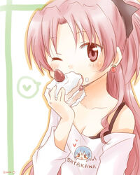  0_0 apple_earrings bare_shoulders blue_hair blush breasts cake cake_slice character_print cleavage commentary_request earrings eating eighth_note female food food-themed_earrings food_on_face hair_ribbon heart isora jewelry long_hair looking_at_viewer mahou_shoujo_madoka_magica mahou_shoujo_madoka_magica_(anime) miki_sayaka musical_note ponytail red_eyes red_hair ribbon sakura_kyoko small_breasts smile solo spoken_heart strawberry_shortcake upper_body 