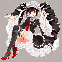  bad_id bad_pixiv_id black_hair black_thighhighs bonnet card celestia_ludenberg club_(shape) danganronpa:_trigger_happy_havoc danganronpa_(series) diamond_(shape) drill_hair earrings female gothic_lolita grey_background heart high_heels highres jewelry littlebird-idel lolita_fashion long_hair necktie playing_card red_eyes shoes smile solo spade_(shape) thighhighs twin_drills twintails 