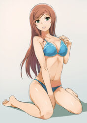  barefoot bikini blue_bikini breasts brown_hair cleavage collarbone commentary_request feet female green_eyes gundam gundam_build_fighters gundam_build_fighters_try highres kamiki_mirai large_breasts long_hair looking_at_viewer navel parted_lips revision sitting smile solo stomach strap_gap strap_lift strap_pull swimsuit wariza yuugiri_(u-slash) 