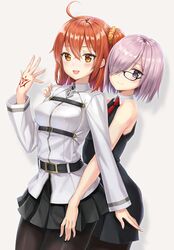  2girls :d ahoge bare_shoulders belt belt_buckle black-framed_eyewear black_dress black_pantyhose black_skirt blush breasts buckle chaldea_uniform closed_mouth collared_dress command_spell commentary_request cowboy_shot dress fate/grand_order fate_(series) fujimaru_ritsuka_(female) glasses grey_background hair_ornament hair_over_one_eye hair_scrunchie hand_on_another&#039;s_shoulder hand_tattoo highres long_sleeves looking_at_viewer mash_kyrielight medium_breasts miniskirt multiple_girls necktie one_side_up open_mouth orange_eyes orange_hair orange_scrunchie pantyhose pink_hair pleated_skirt purple_eyes red_necktie scrunchie shinno shirt short_hair simple_background skirt sleeveless sleeveless_dress smile standing tattoo uniform white_shirt wing_collar 