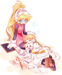  2girls alouette_(mega_man) android bad_id bad_twitter_id blonde_hair blue_eyes blunt_bangs blush brown_footwear child&#039;s_drawing ciel_(mega_man) closed_eyes drawing feline full_body gloves hand_on_another&#039;s_head headgear helmet high_ponytail holding kon_(kin219) lap_pillow lolicon long_hair mega_man_(series) mega_man_zero_(series) multiple_girls open_mouth pantyhose paper pencil pink_skirt ponytail robot_ears simple_background skirt sleeping smile very_long_hair white_background white_gloves 