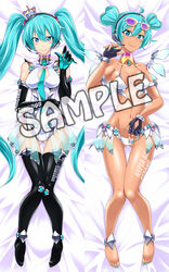  anklet aqua_eyes aqua_hair bare_shoulders barefoot bikini boots collarbone commentary_request dakimakura_(medium) dark_skin elbow_gloves eyewear_on_head female fingerless_gloves full_body gloves goodsmile_company goodsmile_racing hair_bun hatsune_miku headset heart_hair_bun high_heels jewelry kobayashi_tetsuya long_hair looking_at_viewer lying multiple_views nail_polish navel necktie no_socks on_back photoshop_(medium) race_queen racing_miku racing_miku_(2013) racing_miku_(2013_sepang_ver.) sample_watermark smile stomach sunglasses swimsuit tan thigh_boots thigh_gap thighhighs toenail_polish toenails transparent_wings twintails very_long_hair vocaloid watermark 