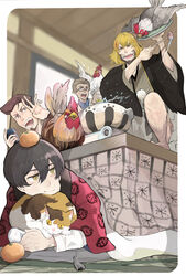  4boys 91_days avilio_bruno bad_id bad_pixiv_id bird black_hair blonde_hair blue_eyes brown_eyes brown_hair chicken chopsticks corteo facial_hair fango feline food food_on_head fruit fruit_on_head glasses highres hotpot japanese_clothes kotatsu leg_hair looking_at_another male_chicken male_focus multiple_boys nero_vanetti object_on_head open_mouth orange_(fruit) portable_stove table takeakigaku tatami undercut yellow_eyes 