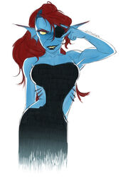  animal_humanoid black_clothing black_dress black_lips blue_body blue_skin clothing dress eye_patch eyeshadow eyewear female fish fish_humanoid gills gullshriek hair hi_res humanoid lips long_hair makeup marine marine_humanoid portrait pose red_eyeshadow red_hair sharp_teeth simple_background solo teeth undertale undertale_(series) undyne white_background yellow_eyes 