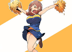  absurdres armpits blush breasts brown_hair bural_chingu cheerleader closed_eyes commentary female ham_na-bi highres huge_breasts korean_commentary luke_(dydansgur) midriff miniskirt open_mouth original panties pantyshot pleated_skirt pom_pom_(cheerleading) short_twintails skirt sleeveless smile solo twintails underwear 