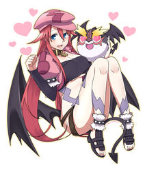  :d ankle_cuffs aty_(summon_night) beret black_footwear blue_eyes blush breasts cabbie_hat cleavage clenched_hand collar commentary_request cosplay cropped_jacket demon_tail demon_wings female full_body hair_between_eyes hair_flaps hands_up hat heart heart-shaped_eyes heart_background jacket kanoko_y keyhole large_breasts long_hair long_sleeves looking_at_viewer navel oerba_yun_fang open_clothes open_jacket open_mouth pink_hat pink_jacket puffy_sleeves red_hair rutile_(summon_night) rutile_(summon_night)_(cosplay) shoes sidelocks smile spikes strapless summon_night summon_night_3 tail tattoo tube_top twitter_username very_long_hair white_background wings 