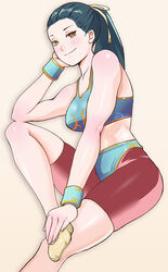  adapted_costume alternate_hair_length alternate_hairstyle bike_shorts black_hair blue_sports_bra blush breasts brown_eyes chun-li commentary_request crop_top female flats hair_ribbon long_hair medium_breasts midriff panties panties_over_bike_shorts photoshop_(medium) ponytail ribbon shiny_skin smile solo sports_bra street_fighter takemaru08 toned underwear wristband 