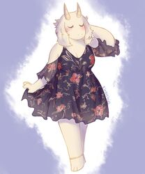  3_toes 5:6 anthro barefoot blush boss_monster_(undertale) bovid breasts caprine cleavage closed_eyes clothed clothing dress feet female horn mammal simple_background sintastein solo toes toriel undertale undertale_(series) 