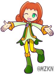  ally_(puyopuyo) boots female green_eyes happy mzkn002 official_style one_eye_closed open_mouth orange_hair puyopuyo simple_background smile wink 