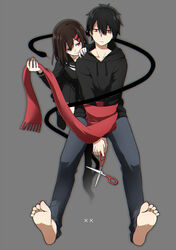  1boy bad_id bad_pixiv_id barefoot black_hair black_hoodie black_sailor_collar black_serafuku blue_pants bound bound_wrists brown_hair collarbone female forked_tongue fringe_trim full_body grey_background hair_between_eyes hair_ornament hairclip hand_on_another&#039;s_shoulder highres holding holding_clothes holding_scarf holding_scissors hood hood_down hoodie kagerou_project kisaragi_shintarou long_hair long_sleeves looking_at_another pants red_eyes red_scarf sailor_collar scarf school_uniform scissors serafuku short_hair simple_background snake tateyama_ayano tied_up_(nonsexual) tonari_(z7x8c9) tongue unworn_scarf winter_uniform x 