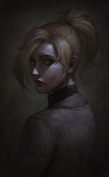  absurdres artist_name black_shirt blonde_hair blue_eyes commentary english_commentary eyelashes eyeliner female from_behind hair_tie high_ponytail highres jacket lips long_sleeves looking_at_viewer looking_back makeup mascara mercy_(overwatch) nat_vitchayed nose overwatch overwatch_1 parted_lips photoshop_(medium) ribbed_shirt scar shirt solo teeth turtleneck undershirt upper_body white_jacket 