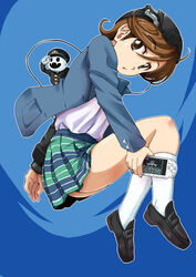  ass bad_id bad_pixiv_id blazer brown_eyes brown_hair cosplay female handheld_game_console highres jack_frost_(megami_tensei) jacket karukozaka_high_school_uniform kuzunoha_raidou kuzunoha_raidou_(cosplay) naoyuki playstation_portable school_uniform shin_megami_tensei shin_megami_tensei:_if... shoes short_hair simple_background skirt socks uchida_tamaki 