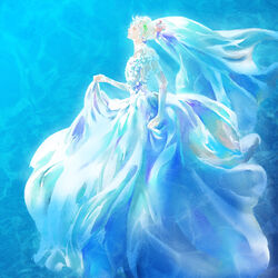  blue_background bridal_gauntlets commentary_request dress female full_body gurumdal_(kirel) hair_ornament long_hair original photoshop_(medium) profile solo standing veil wedding_dress white_dress white_hair 