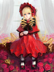  blonde_hair blue_eyes bonnet commentary_request cup curtains doll_joints dress drill_hair female flower highres joints long_hair mary_janes pantyhose photoshop_(medium) red_flower red_rose rose rozen_maiden shinku shoes sitting solo teacup traditional_media tuzki twintails very_long_hair white_pantyhose window 