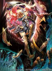  arm_guards armor armored_boots axe battle_axe boots cherche_(fire_emblem) commentary_request company_connection copyright_name daigoman feathers female fire_emblem fire_emblem_awakening fire_emblem_cipher griffin helswath holding holding_weapon long_hair looking_at_viewer maid_headdress official_art open_mouth protected_link red_eyes red_hair shoulder_armor weapon wings 