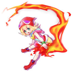  amitie amitie_(puyopuyo) boots bracelet female fire green_eyes happy komeichou-69 open_mouth puyopuyo puyopuyo_fever red_hat shorts smile solo 