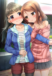  2girls bare_shoulders blush breasts brown_eyes brown_hair commentary_request hojo_karen idolmaster idolmaster_cinderella_girls kamiya_nao locked_arms long_hair looking_at_another medium_breasts multiple_girls noshimasa pantyhose photoshop_(medium) red_eyes ribbed_sweater smile sweater yuri 