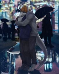  2017 angiewolf anthro barefoot blue_body blue_fur blue_hair blue_nose canid canine clothed clothing day detailed_background digital_media_(artwork) digitigrade duo feet fin fish fur green_eyes grey_body grey_skin hair kumo_(kumosawyer) male mammal marine maykl outside pink_eyes raining shaded shark smile 