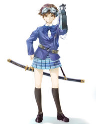  blazer brown_eyes brown_hair commentary_request female full_body goggles highres jacket karukozaka_high_school_uniform katana looking_at_viewer ryouku school_uniform shin_megami_tensei shin_megami_tensei:_if... shirt shoes short_hair simple_background skirt socks solo sword uchida_tamaki weapon white_background 