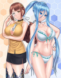  2girls :3 aoki_hagane_no_arpeggio bikini blue_eyes blue_hair breast_hold breasts brown_hair center_opening commentary_request crossed_arms highres hyuuga_(aoki_hagane_no_arpeggio) large_breasts long_hair masatoki monocle multiple_girls photoshop_(medium) ponytail swimsuit takao_(aoki_hagane_no_arpeggio) thighhighs very_long_hair yellow_eyes 