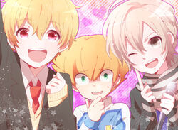  3boys :d ;d blonde_hair commentary_request earth_eleven free! green_eyes grey_eyes hazuki_nagisa inazuma_eleven_(series) inazuma_eleven_go inazuma_eleven_go_galaxy iwatobi_high_school_uniform jacket male_focus microphone mikado_nagi minaho_kazuto moyuchocolats multiple_boys necktie one_eye_closed open_mouth partial_commentary pink_hair red_eyes scarf school_uniform season_connection smile soccer_uniform sportswear sweat track_jacket uta_no_prince-sama uta_no_prince-sama_maji_love_2000_percent vest voice_actor_connection yonaga_tsubasa 