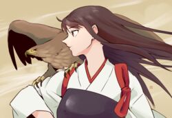  akagi_(kancolle) bird brown_hair commentary_request female japanese_clothes kantai_collection long_hair muneate shigemitsu_jun solo tasuki upper_body 