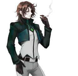  1boy belt black_gloves blue_eyes brown_hair cigarette commentary_request gloves grey_pants gundam gundam_00 gurumdal_(kirel) hand_on_own_hip lyle_dylandy male_focus pants photoshop_(medium) solo standing vest white_background 