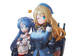  12_(xaenedju) 2girls atago_(kancolle) black_gloves blonde_hair blue_eyes blue_hat blush breast_envy breasts commentary_request detached_sleeves gloves hair_ribbon hat isuzu_(kancolle) kantai_collection large_breasts long_hair looking_at_viewer military military_uniform multiple_girls open_mouth ribbon skirt smile sweatdrop twintails uniform 