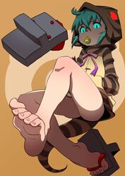  animal_hood ass bare_legs barefoot commentary_request feet female foot_focus full_body geta glowing glowing_eyes gradient_ribbon green_eyes green_hair hair_between_eyes hand_in_pocket highres hood japari_coin japari_symbol kemono_friends legs long_sleeves neck_ribbon pink_ribbon purple_ribbon ribbon slit_pupils snake_girl snake_tail soles solo tail toenails tsuchinoko_(kemono_friends) uchuu_ika 