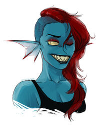  anthro black_lips blue_body blue_skin clothing eyeshadow female fish grin gullshriek hair hi_res lips makeup marine one_eye_closed portrait red_eyeshadow red_hair sharp_teeth shirt simple_background smile solo tank_top teeth topwear undertale undertale_(series) undyne white_background yellow_eyes 