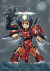  :o absurdres armor armored_dress blade blue_eyes china_dress chinese_clothes clenched_hands commentary_request crimson_typhoon dress erica_(naze1940) extra_arms female fighting_stance flat_chest helmet highres light looking_at_viewer magic mecha_musume mechanical_arms motion_blur ocean open_mouth pacific_rim panties personification rain shin_guards short_hair side-tie_panties single_mechanical_arm spinning spread_legs standing underwear water 