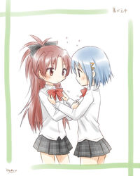  2girls adjusting_bow adjusting_clothes adjusting_shirt blue_eyes blue_hair bow commentary_request dressing_another eye_contact hair_ornament hair_ribbon hairclip isora long_hair looking_at_another mahou_shoujo_madoka_magica mahou_shoujo_madoka_magica_(anime) miki_sayaka mitakihara_school_uniform multiple_girls red_eyes red_hair ribbon sakura_kyoko school_uniform shirt short_hair skirt 