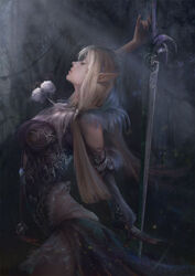  blonde_hair closed_eyes commentary english_commentary female gloves highres long_hair original photoshop_(medium) pointy_ears skirt solo sword weapon yueyue 