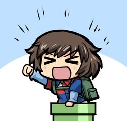  &gt;_&lt; :d akiyama_yukari backpack bag blue_background chibi circle_k_sunkus closed_eyes commentary_request employee_uniform female girls_und_panzer hand_up haniwa_(leaf_garden) layered_sleeves long_sleeves lowres mario_(series) messy_hair open_mouth short_over_long_sleeves short_sleeves smile solo uniform v-shaped_eyebrows warp_pipe white_background xd 