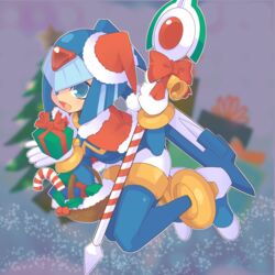  absurdres android bad_id bad_pixiv_id basket bell blue_eyes bow box bracelet candy candy_cane capcom capelet christmas christmas_tree commentary_request fairy_leviathan_(mega_man) female food full_body gift gift_box gloves hat helmet high_heels highres holding jewelry mega_man_(series) mega_man_zero_(series) omeehayo open_mouth polearm red_bow red_capelet ribbon robot_girl santa_hat smile solo spear weapon white_gloves 